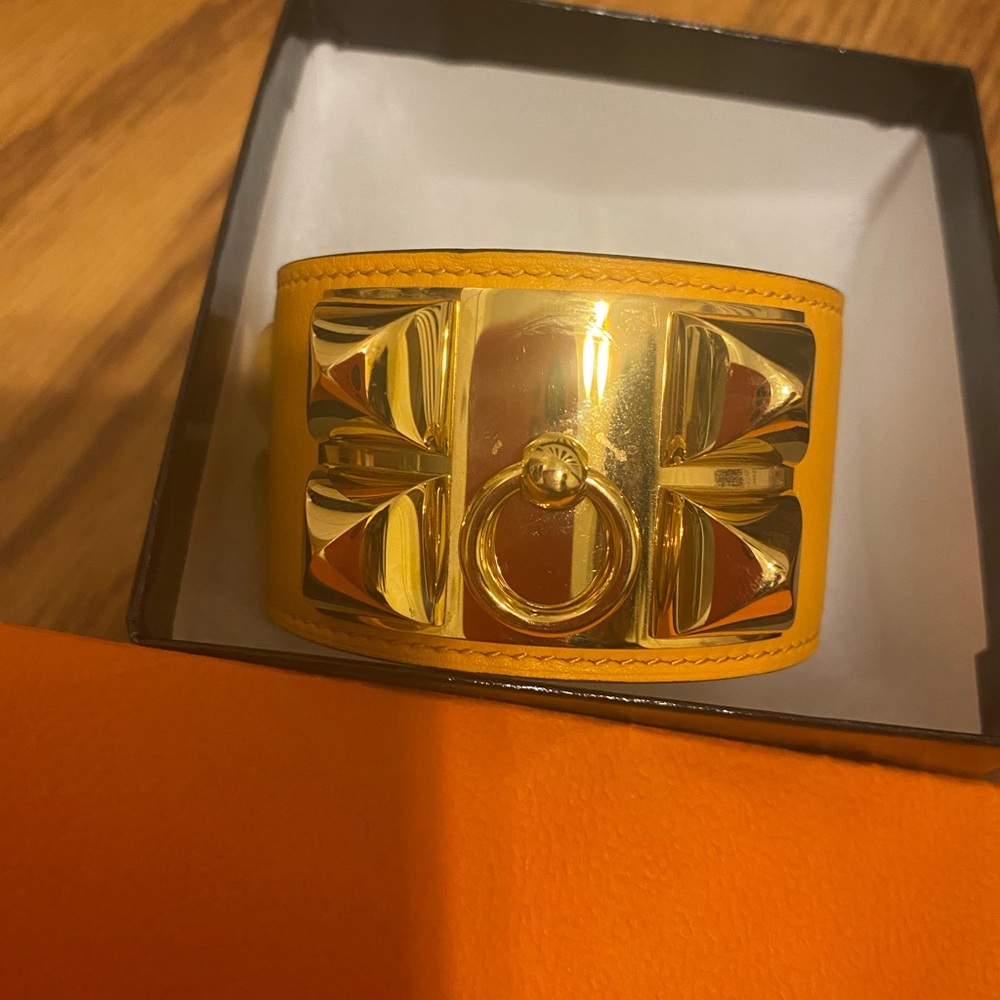 Hermes Gold and Orange Studded Leather Cuff